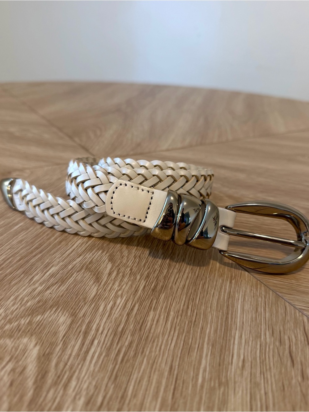 Madewell White Cream Braided Leather Belt Gold Buckle
